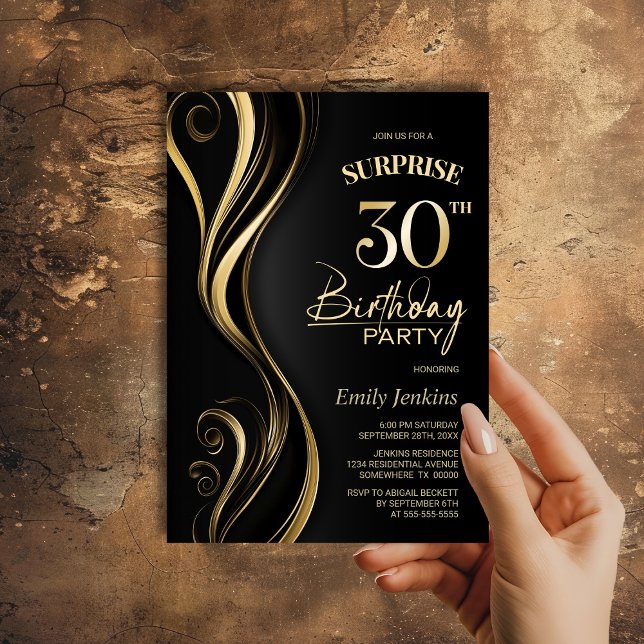 Invitation Surprise Black Gold 30th Birthday Party (Créateur téléchargé)