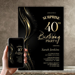 Invitation Surprise Black Gold 40th Birthday Party