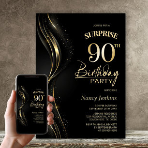 Invitation Surprise Black Gold 90th Birthday Party