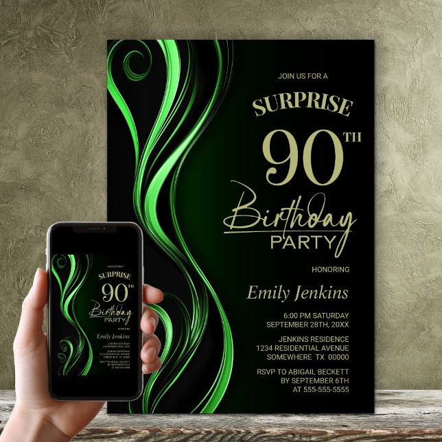 Invitation Surprise Black Green 90e anniversaire (Créateur téléchargé)