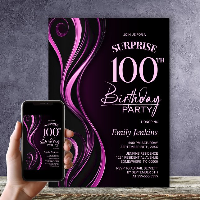 Invitation Surprise Black Pink 100e fête d'anniversaire (Créateur téléchargé)