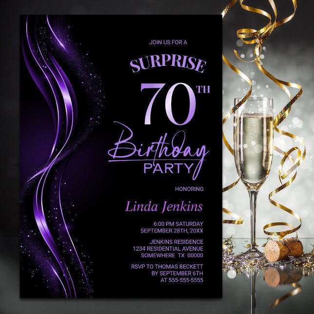 Invitation Surprise Black Purple 70e fête d'anniversaire (Créateur téléchargé)