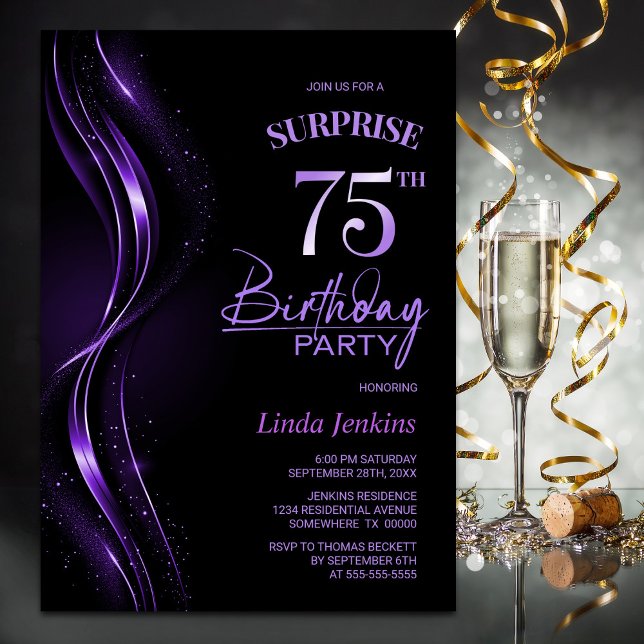 Invitation Surprise Black Purple 75e anniversaire fête (Créateur téléchargé)