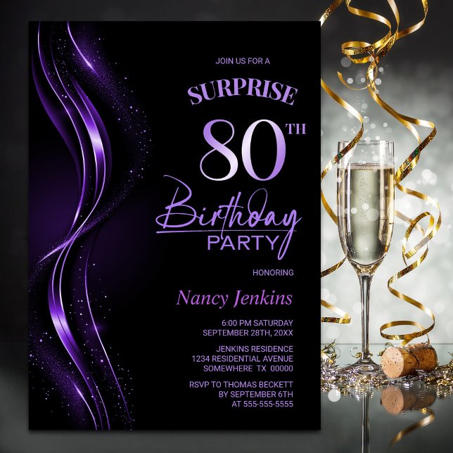 Invitation Surprise Black Purple 80e fête d'anniversaire (Créateur téléchargé)