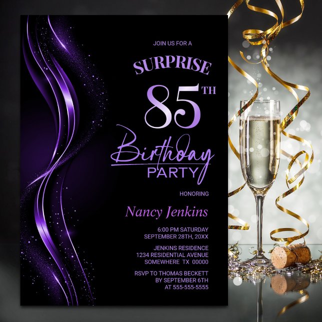 Invitation Surprise Black Purple 85e fête d'anniversaire (Créateur téléchargé)