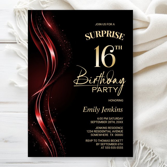 Invitation Surprise Black Red 16th Birthday Party (Créateur téléchargé)