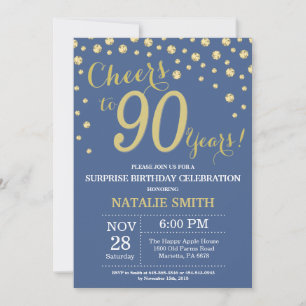 Invitation Surprise Blue et Or pour 90e Anniversaire Diamant
