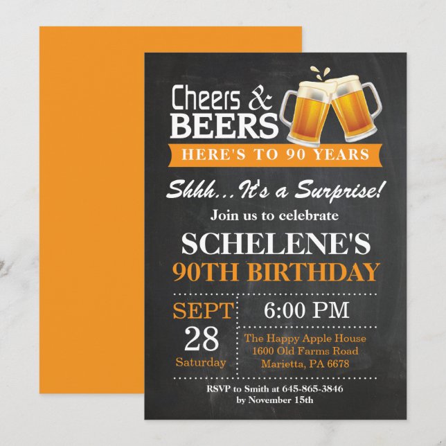 Invitation Surprise Cheers and Beers 90e anniversaire Invitat (Devant / Derrière)