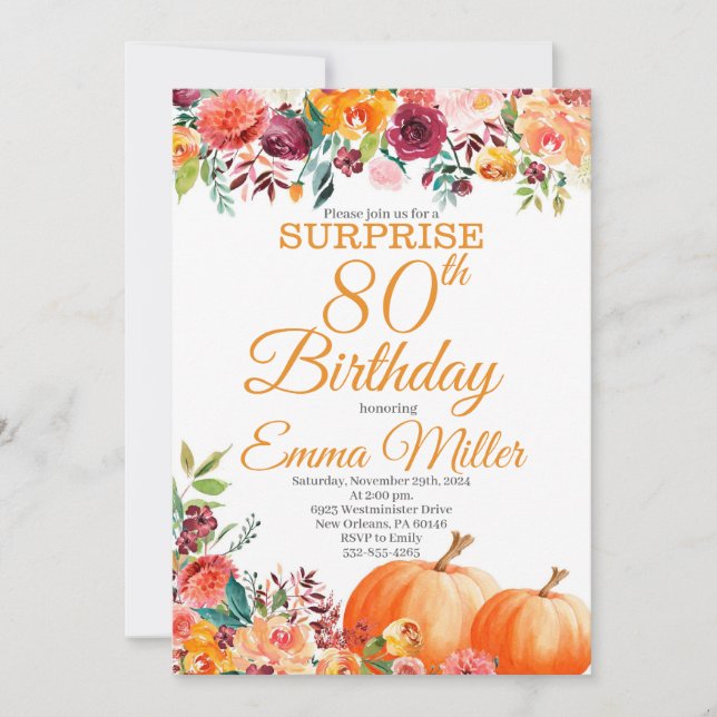 Invitation Surprise Citrouilles automne 80e anniversaire (Devant)