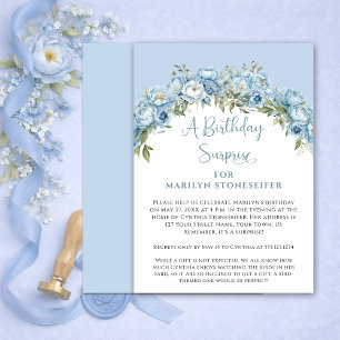 Invitation Surprise d'anniversaire aux fleurs de pivoine bleu