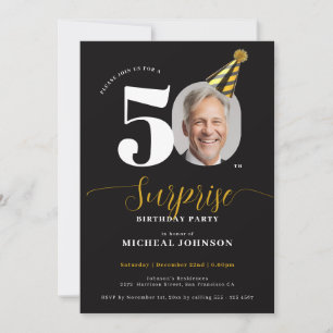 Invitation Surprise de 50e anniversaire photo or noir moderne