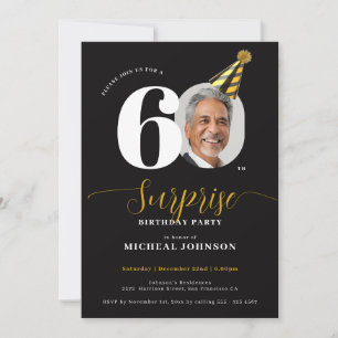 Invitation Surprise de 60 ans avec photo en or noir moderne
