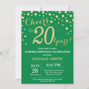 Invitation Surprise de diamant vert et or pour 20e anniversai