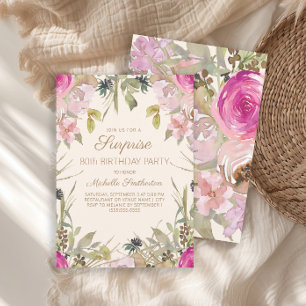 Invitation Surprise de fête d'anniversaire 80 ans Floral Aqua