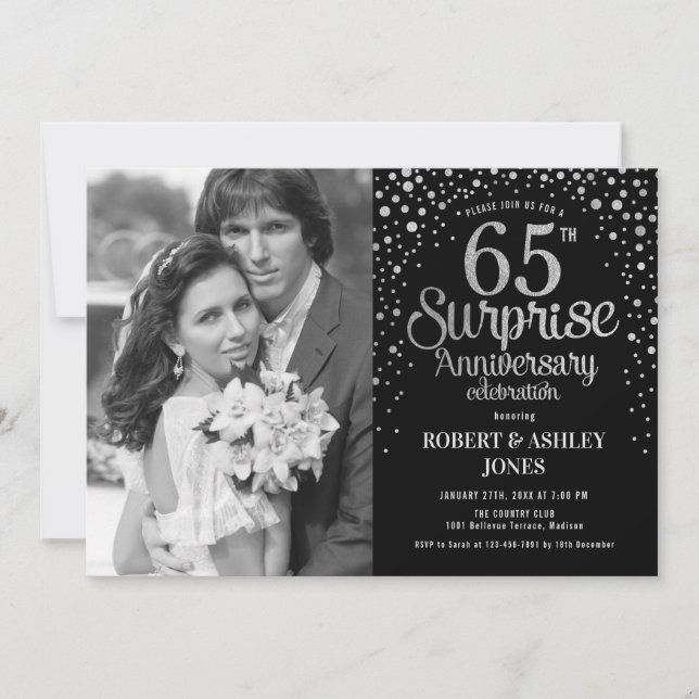 Invitation Surprise de photo 65e anniversaire - Noir Argent (Devant)