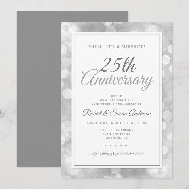 Invitation Surprise des 25 ans de mariage | Bokeh argenté (Devant / Derrière)