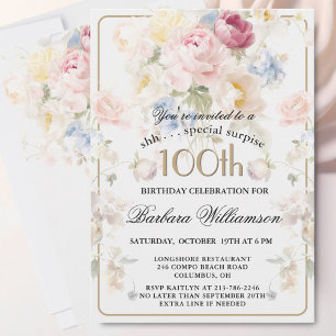 Invitation SURPRISE Élégant Anniversaire Fleurs Peintes 100 a
