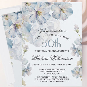Invitation SURPRISE Élégant floral bleu 50e anniversaire