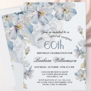 Invitation SURPRISE Élégant floral bleu 60e anniversaire 