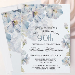 Invitation SURPRISE Élégant floral bleu pour 90e anniversaire