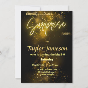 Invitation Surprise en poussière noire et dorée, QR rsvp uniq