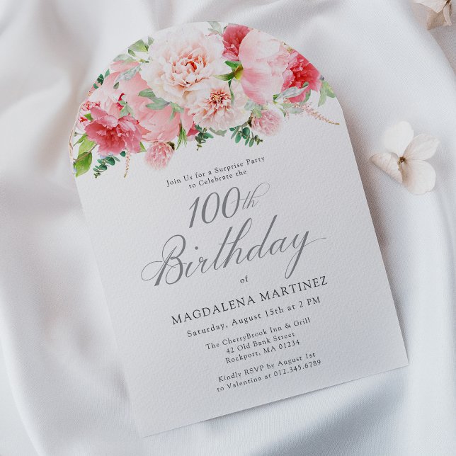 Invitation SURPRISE FÊTE 100e anniversaire Elegant rose Peony (Créateur téléchargé)