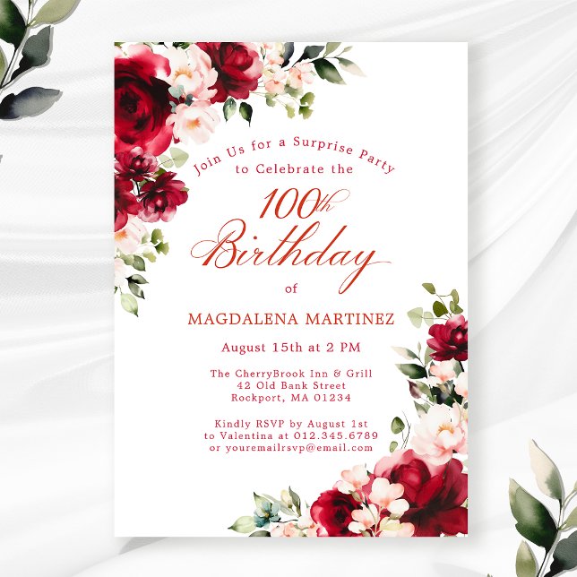 Invitation SURPRISE FÊTE 100e anniversaire Rouge rose floral (Créateur téléchargé)