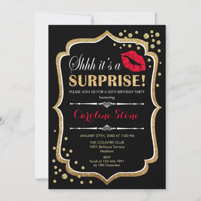 Invitation Surprise fête d'anniversaire - Black Red Gold (Devant)