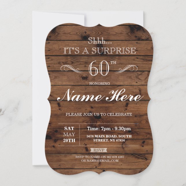 Invitation SURPRISE Fête d'anniversaire Bois rustique N'impor (Devant)