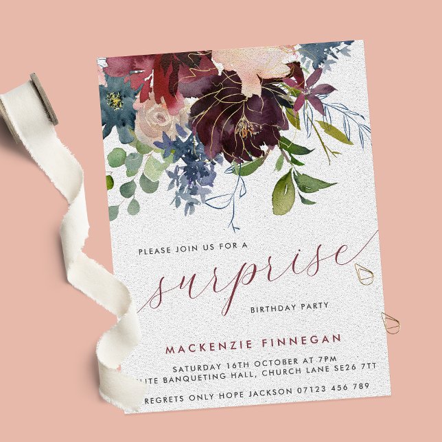 Invitation Surprise fête d'anniversaire Bourgogne & Marine Fl (Créateur téléchargé)