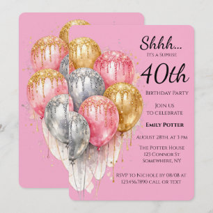 Invitation Surprise fête d'anniversaire en rose, argent et or