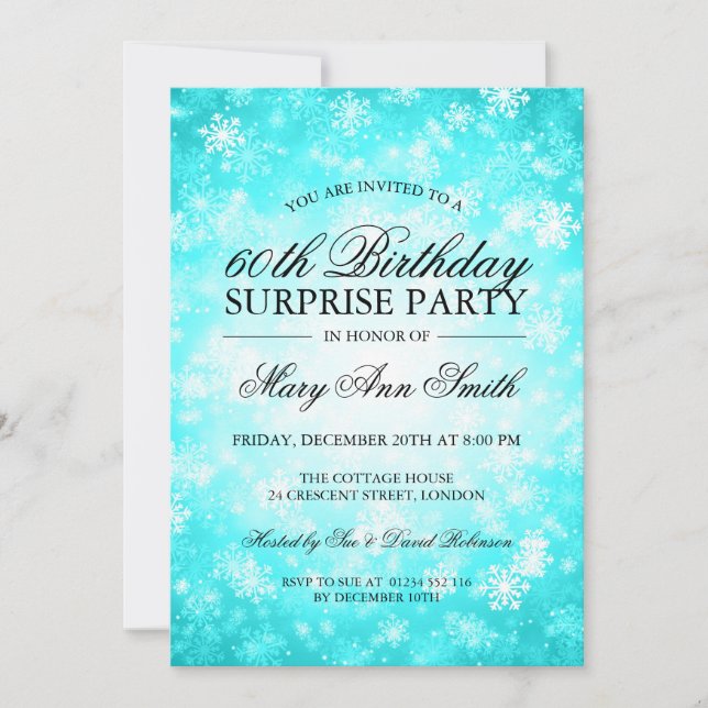 Invitation Surprise fête d'anniversaire hiver Turquoise (Devant)