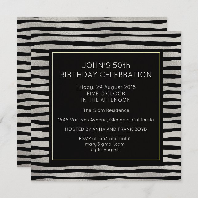 Invitation Surprise fête d'anniversaire Silver Black Stripes (Devant / Derrière)