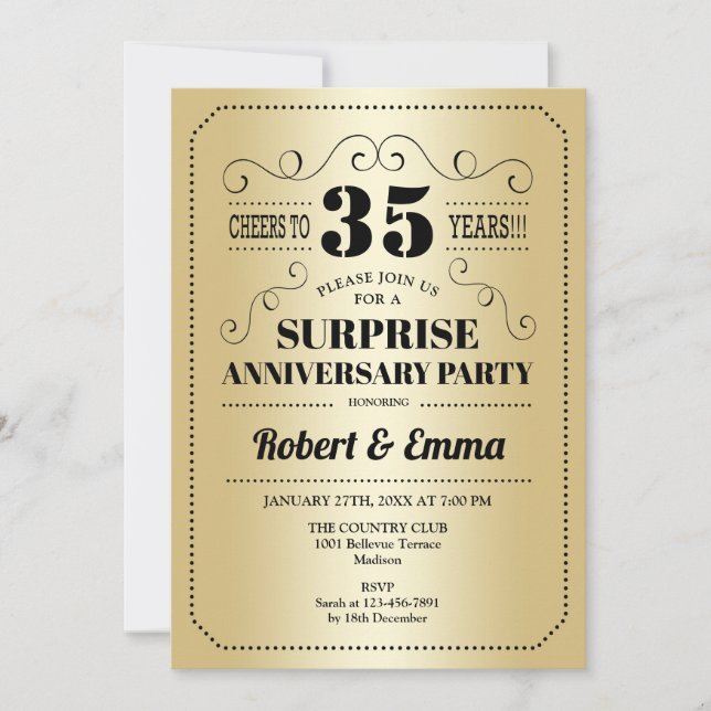 Invitation Surprise fête du 35e anniversaire - Gold Black (Devant)