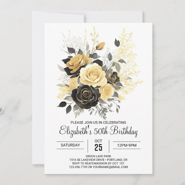 Invitation Surprise Fleur sauvage Gold et Black 50e anniversa (Devant)