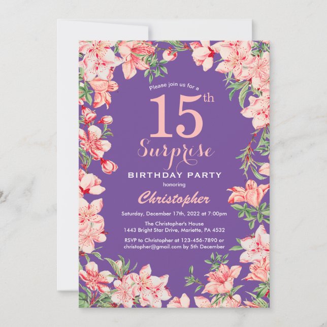 Invitation Surprise Floral 15e anniversaire Fleurs roses viol (Devant)