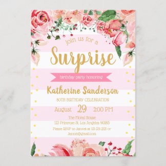 Invitation Surprise Floral Blush Pink Stripes fête d'annivers