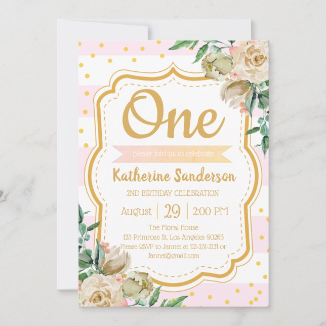 Invitation Surprise Floral Blush Pink Stripes fête d'annivers (Devant)