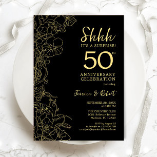 Invitation Surprise Floral Or Noir 50e Anniversaire