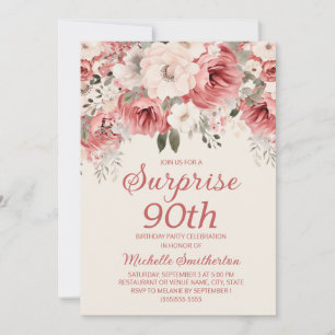 Invitation Surprise Florale Aquarelle Rose Rouge Crème 90ème