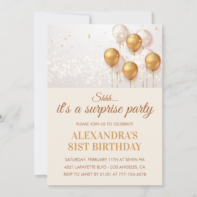 Invitation Surprise Gold Ballons 81e anniversaire (Devant)