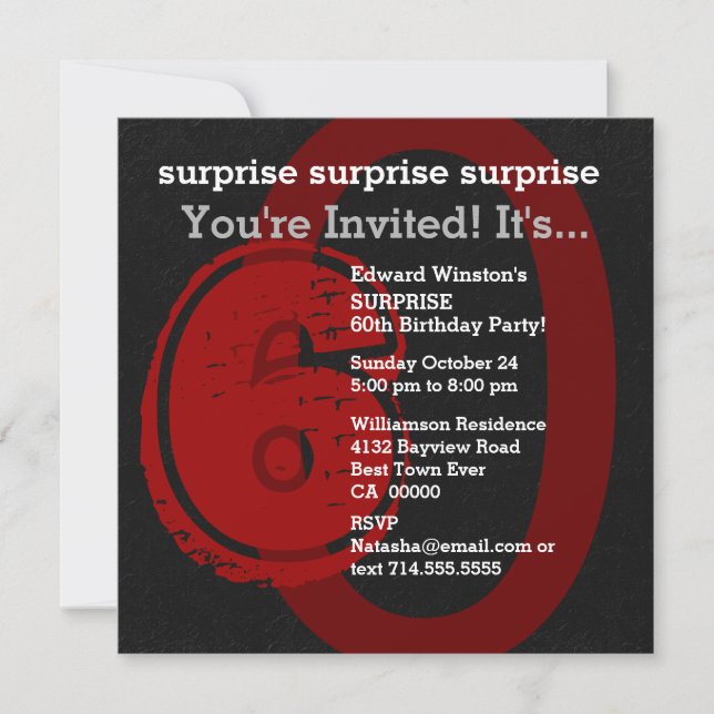 Invitation SURPRISE Grunge 60e anniversaire Rouge et noir W20 (Devant)