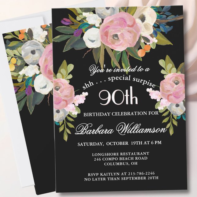 Invitation SURPRISE Handpainted Floral 90th Birthday Party  (Créateur téléchargé)