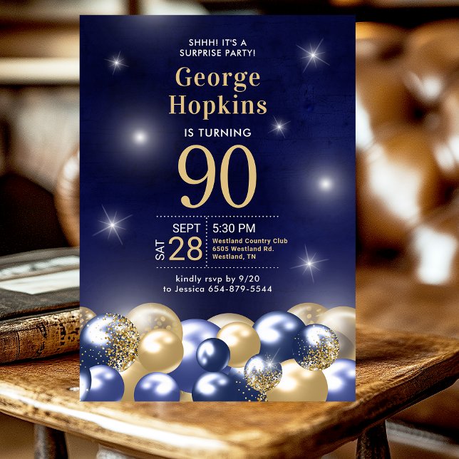 Invitation Surprise Marine Blue Gold Ballons 90e anniversaire (Créateur téléchargé)