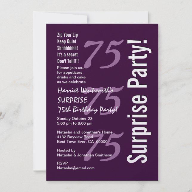 Invitation SURPRISE Moderne 75e anniversaire Métallique viole (Devant)