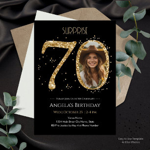 Invitation Surprise noir et paillettes dorées 70e anniversair