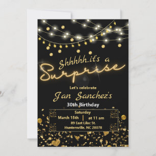 Invitation surprise noire et dorée avec code QR