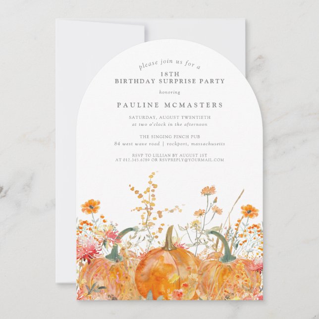 Invitation SURPRISE PARTY 18e anniversaire Citrouille Fleur s (Devant)