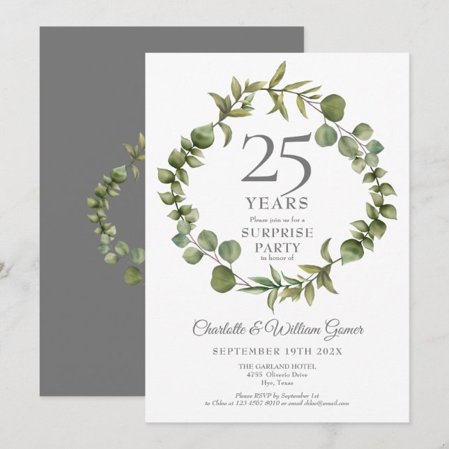 Invitation Surprise Party 25e anniversaire Woodland Green (Devant / Derrière)