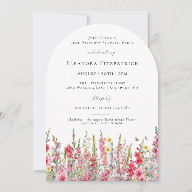 Invitation SURPRISE PARTY 40th Birthday August Birth Flower (Devant)